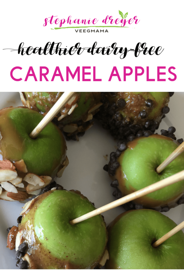 These #vegan dairy-freed caramel apples are a healthier alternative to the traditional version - and super easy with just 2 ingredients for the caramel.