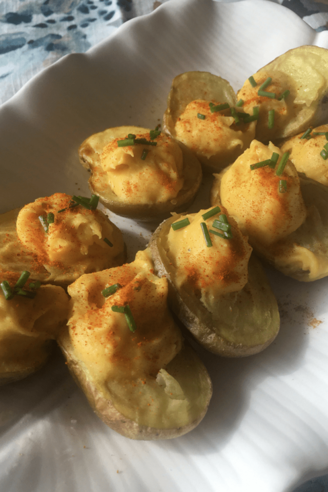 These vegan deviled potatoes are a plant-based alternative to traditional deviled eggs. #eggless #dairyfree #vegan #vegetarian 