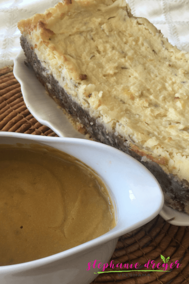 This three layer vegan holiday meatloaf is layered with all the flavors of Thanksgiving and topped with a luscious gravy. #dairyfree #meatless #vegan