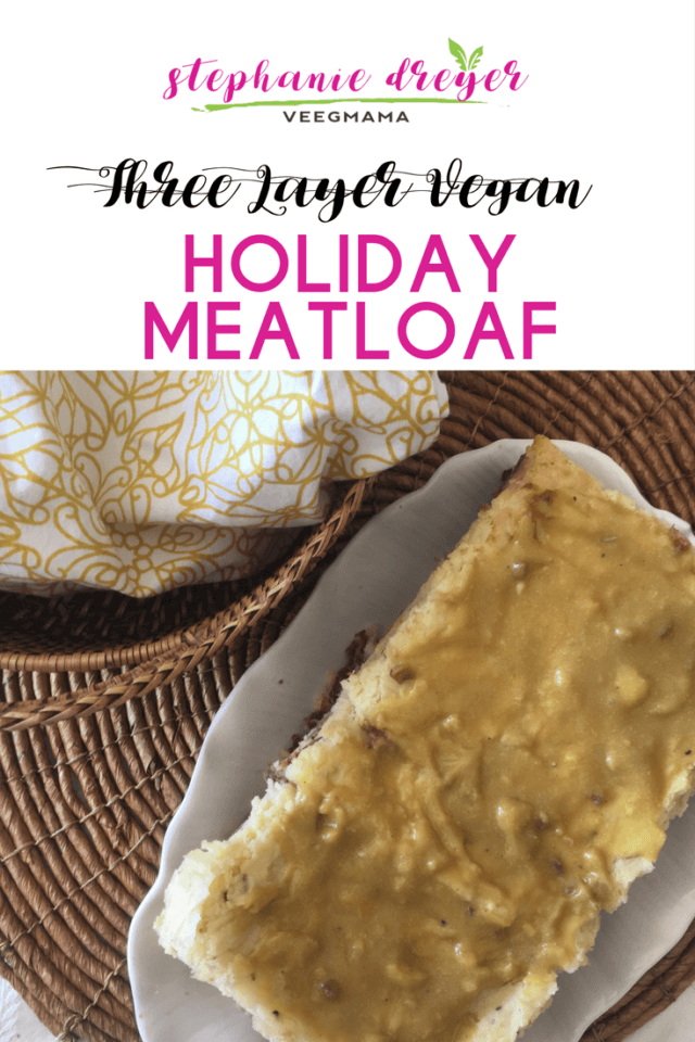 This three layer vegan holiday meatloaf is layered with all the flavors of Thanksgiving and topped with a luscious gravy. #dairyfree #meatless #vegan