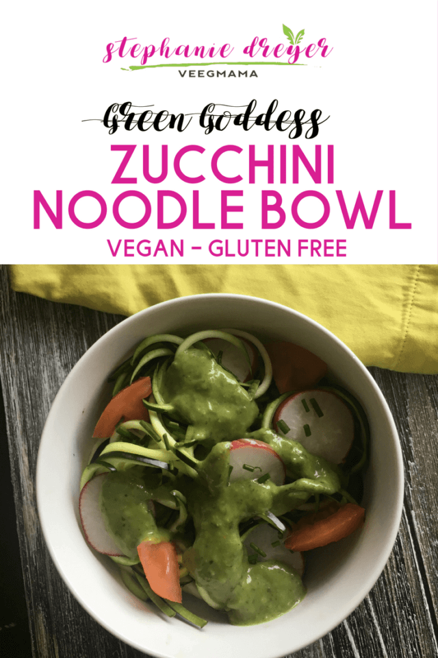 This Green Goddess Zucchini Noodle Bowl is light, fresh, and ready in just 10 minutes with 4 ingredients! #dairyfree #veganbowl #greengoddess