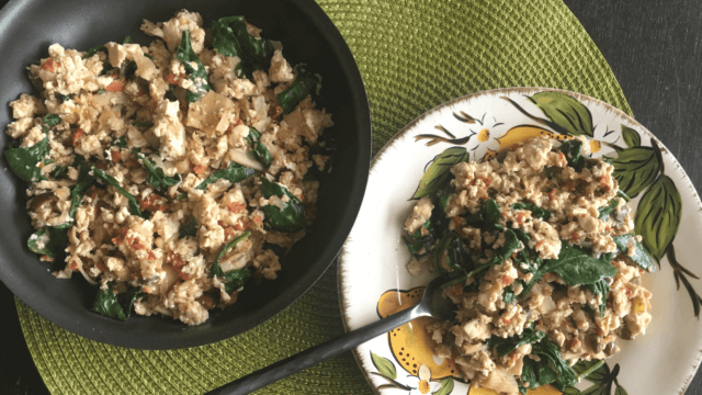 This Mediterranean Tofu Scramble is a great breakfast option. Use this recipe as a template and add in your favorite mix-ins. Serve it as a protein packed breakfast with fresh fruit and hash browns, or enjoy it for dinner with roasted potatoes and a side salad.