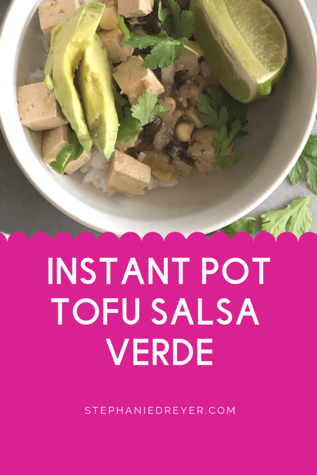 This Tofu Salsa Verde is a Mexican inspired green rice bowl featuring tomatillo salsa, black beans and extra firm tofu. Topped with avocado, cilantro and lime wedges, this is delicious comfort food served straight from the slow cooker or instant pot.