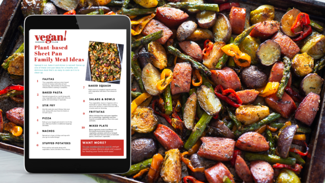 sheet pan of roasted vegetables with an iPad on top of it with a list of meal ideas