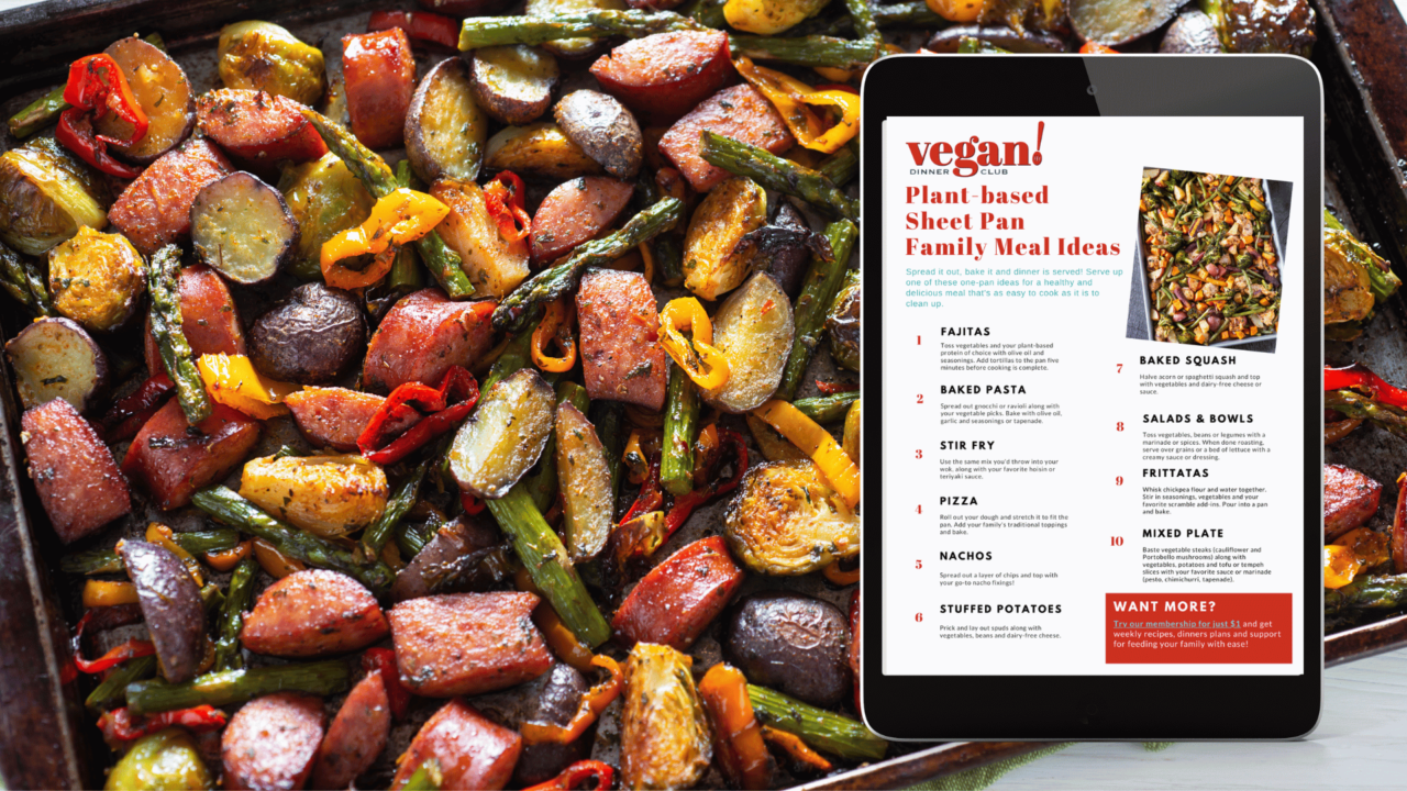 sheet pan of roasted vegetables with an iPad on top of it