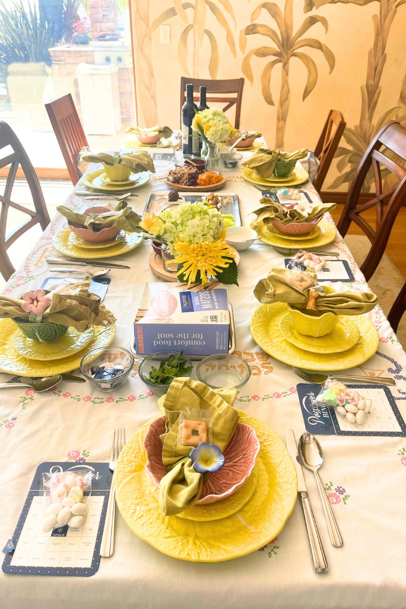 dining room table set for a Passover seder