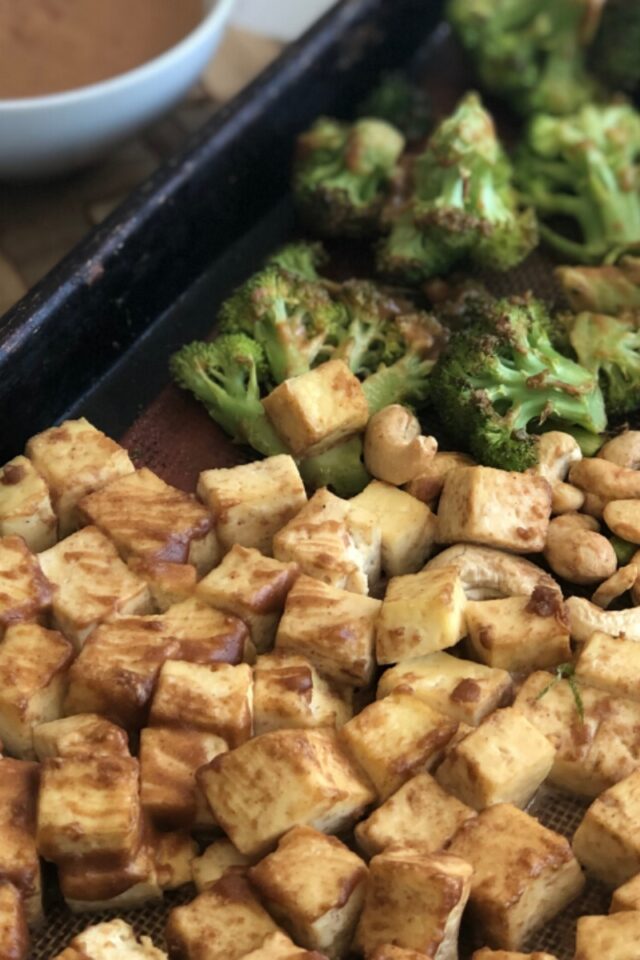 sheet pan of tofu and broccoli