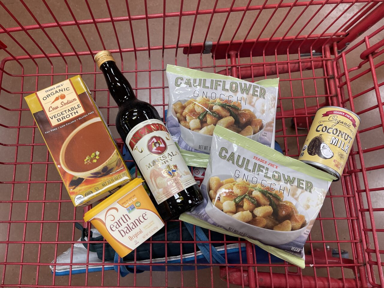 shopping cart with the ingredients for making cauliflower gnocchi marsala