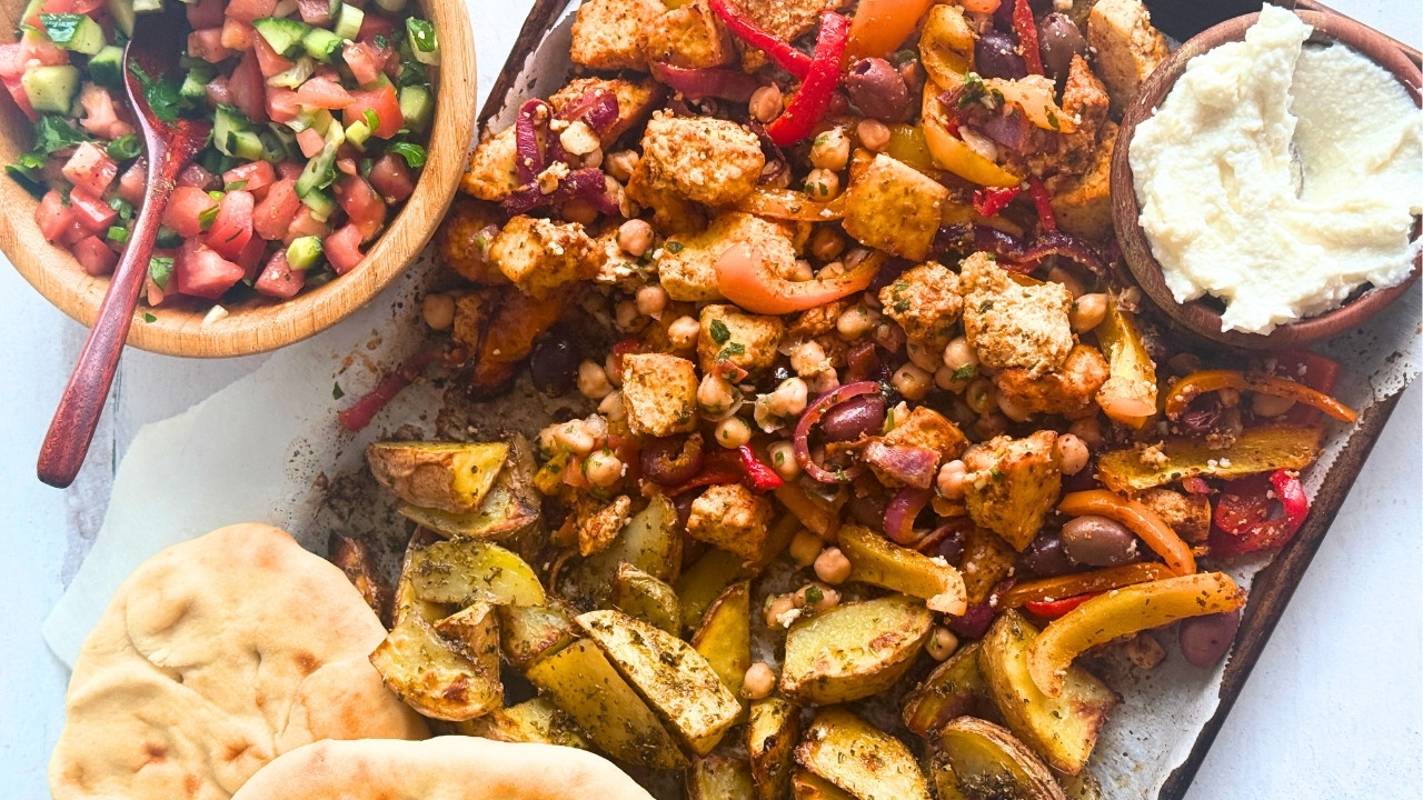 sheet pan with tofu, peppers and potato wedges